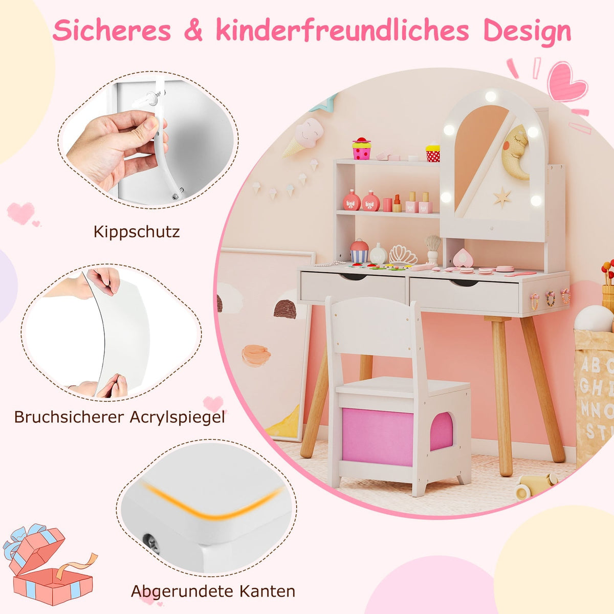 Kids Vanity Table Set with 3-Color LED Mirror, Chair