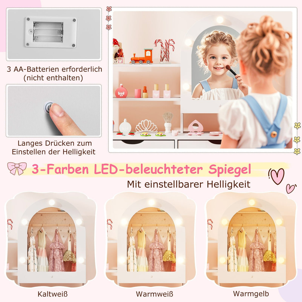 Kids Vanity Table Set with 3-Color LED Mirror, Chair