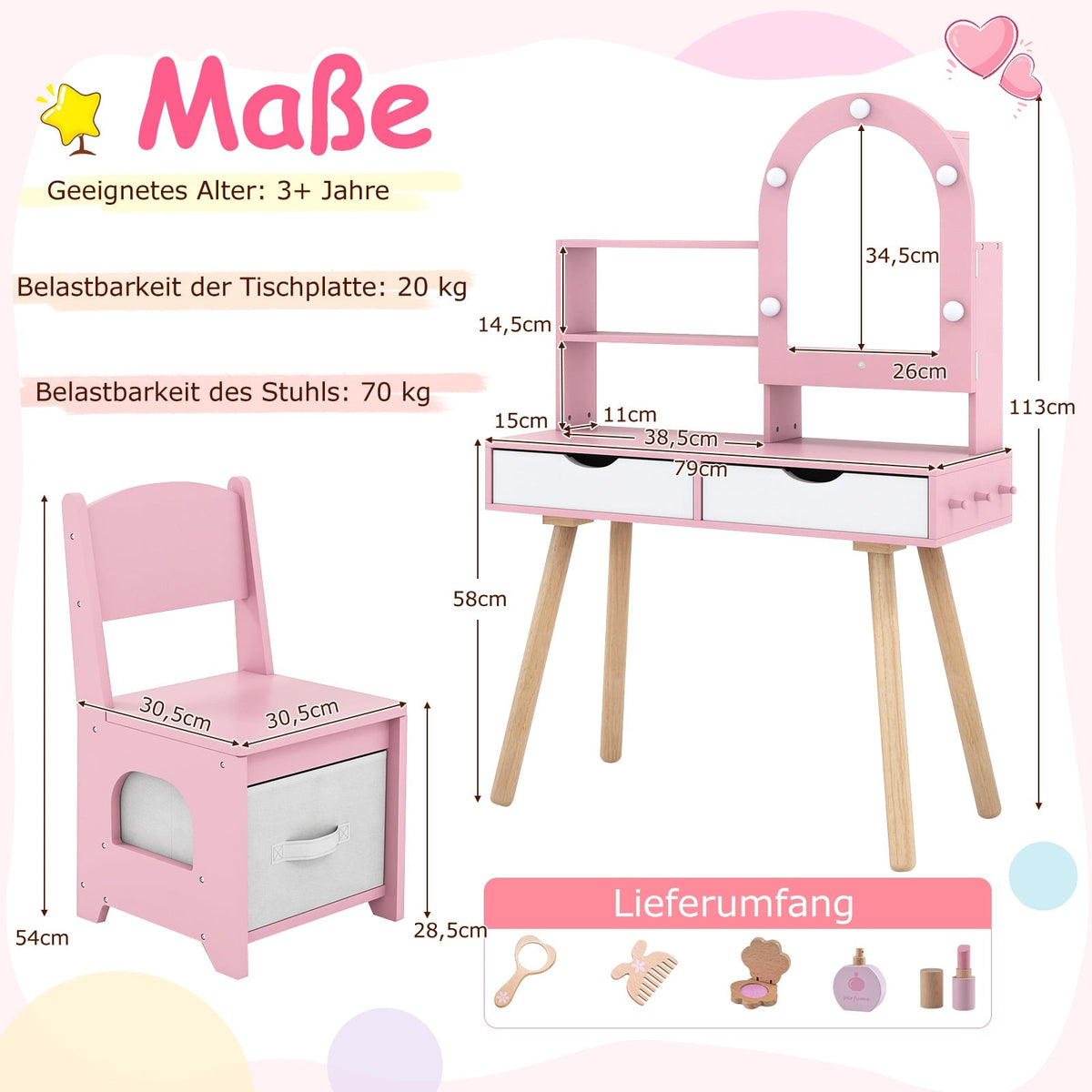 Kids Vanity Table Set with 3-Color LED Mirror, Pink