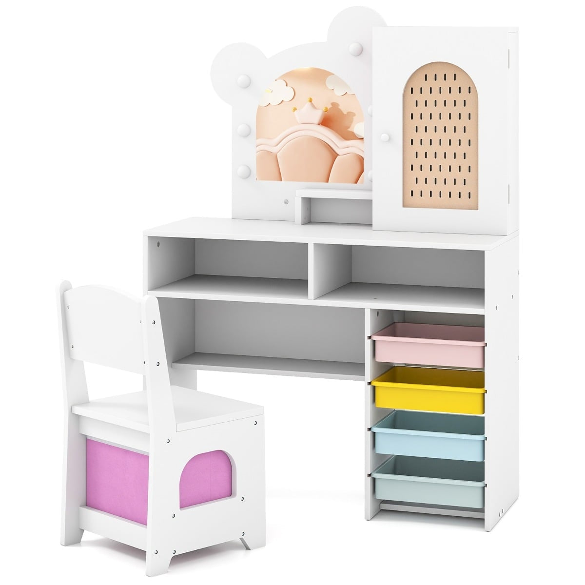 Kids Vanity Table Set with Lights, Mirror, and Storage