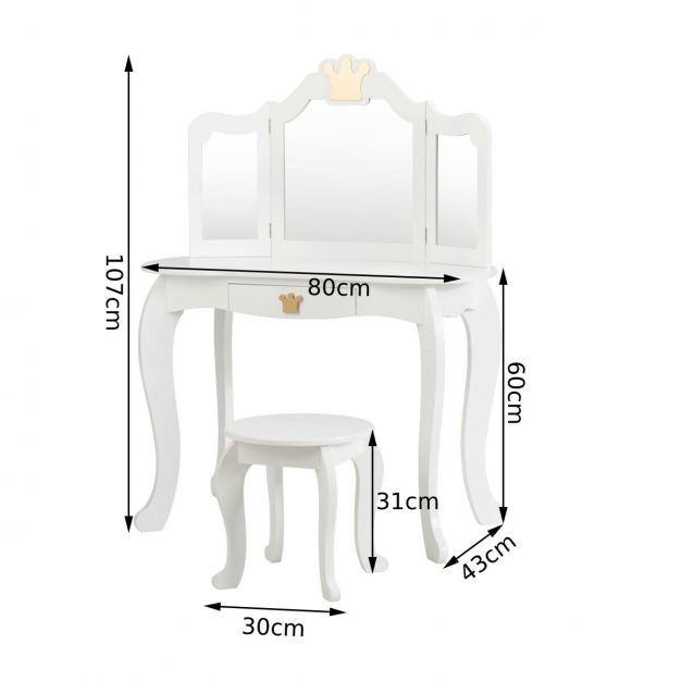 Kids Vanity Table Set with Stool, Tri-Fold Mirror, Drawer