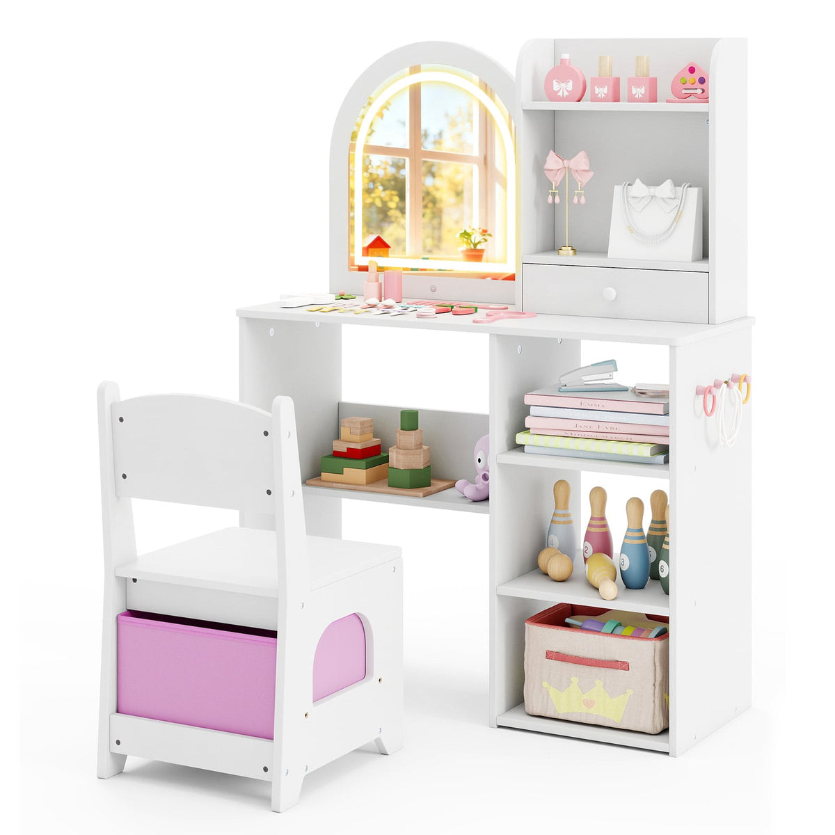 Kids Vanity Table and Chair Set, 3-Color Lighted Mirror