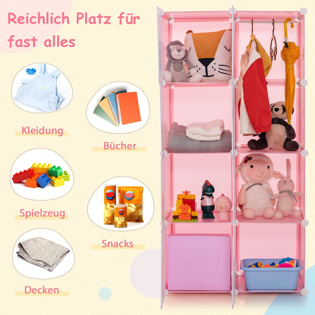 Kids Wardrobe Organizer, 8-Cube Pink Plastic Shelving