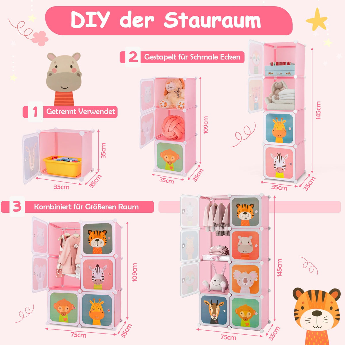 Kids Wardrobe with 8 Cubes & Hanging Space, Pink