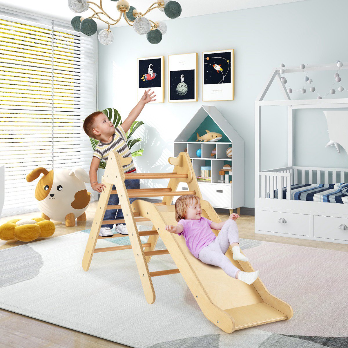 Kids Wooden Climbing Triangle Set with Adjustable Slide
