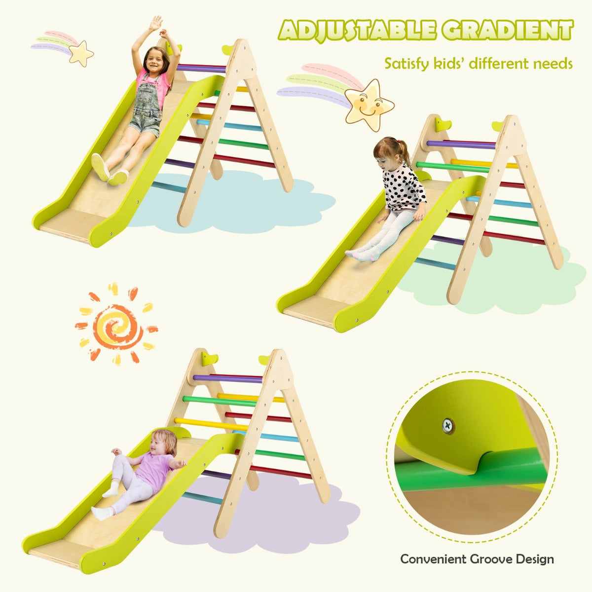 Kids Wooden Climbing Triangle With Adjustable Slide, 1-6Y