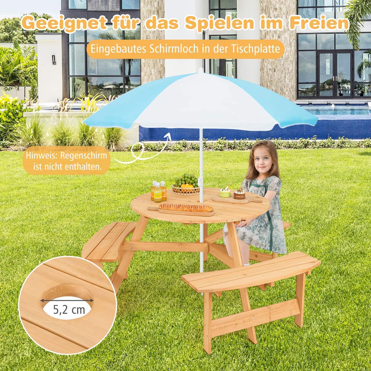 Kids Wooden Picnic Table and Bench Set, Umbrella Hole