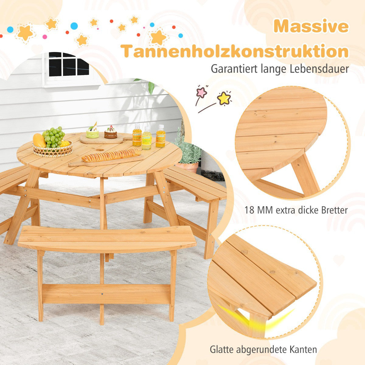 Kids Wooden Picnic Table and Bench Set, Umbrella Hole