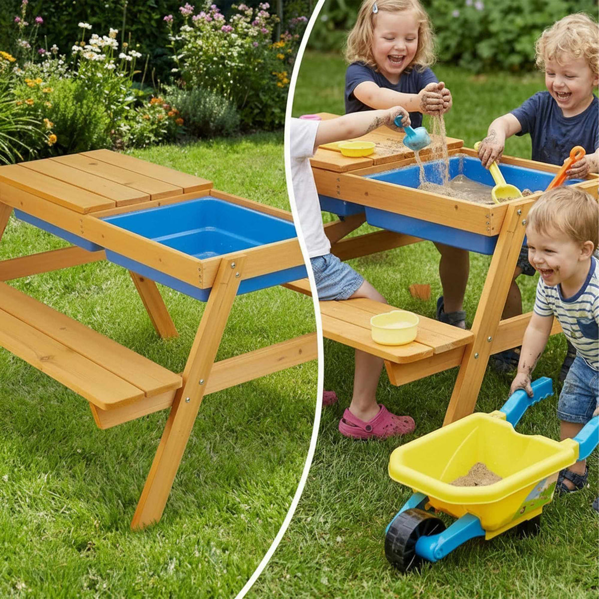 Kids Wooden Seating Set with Water & Sand Table
