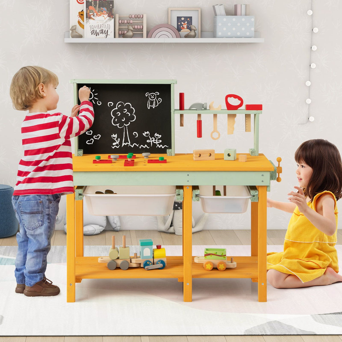 Kids Wooden Workbench Set, Storage Bins, Blackboard, 16 Tools