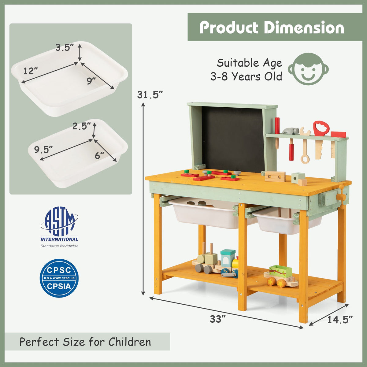 Kids Wooden Workbench Set, Storage Bins, Blackboard, 16 Tools