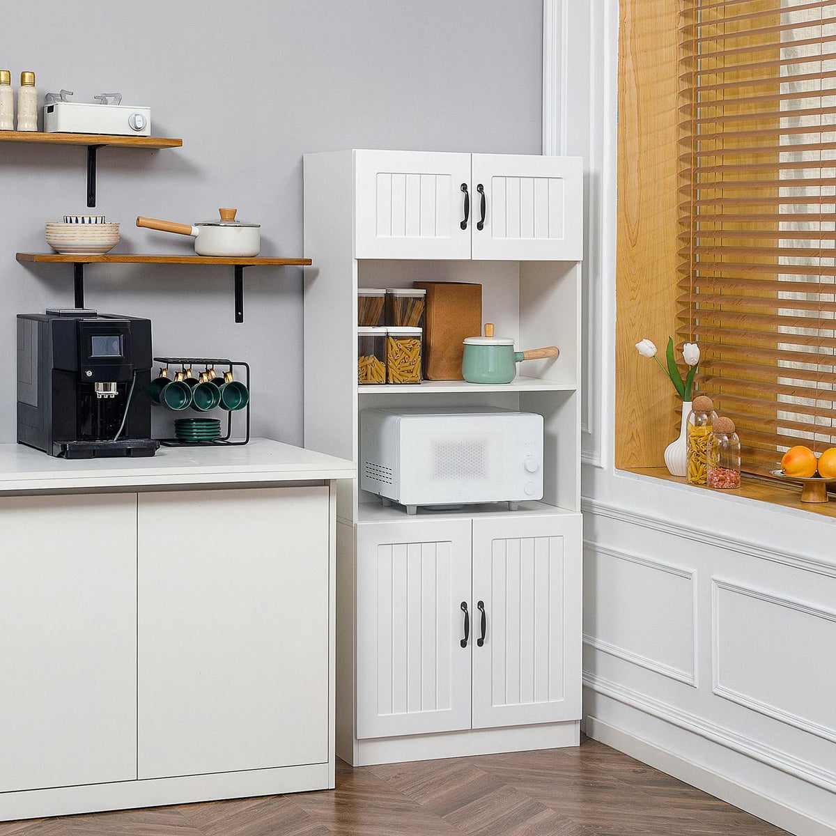 Kitchen Cabinet Kitchen Buffet Tall Cabinet With 2 Shelves And 2 Cupboards With Adjustable Shelves Microwave Shelf Anti-Tip Strap