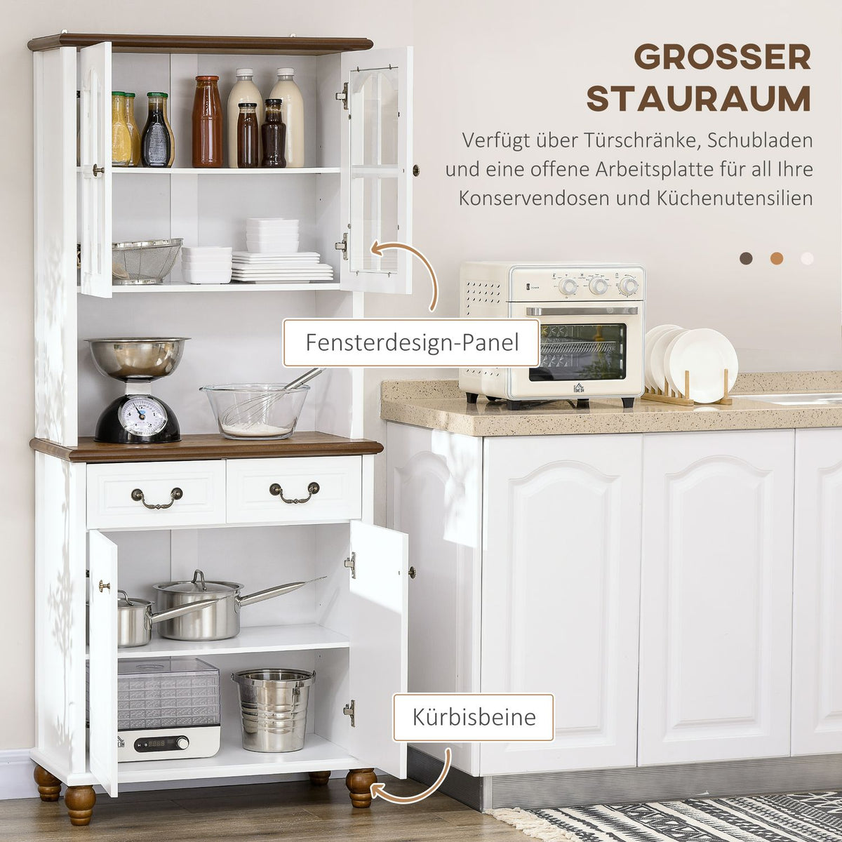 Kitchen Cabinet, Kitchen Buffet With 2 Drawers, Tall Cabinet With Open Compartment, Display Cabinet With Soft-Close Function 76 X 38 X 182 Cm, White