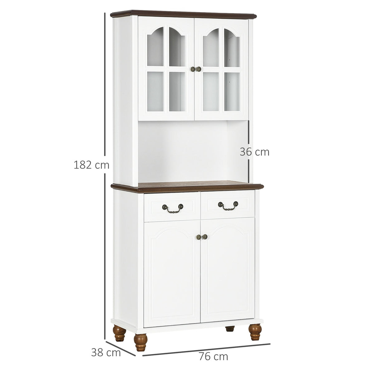 Kitchen Cabinet, Kitchen Buffet With 2 Drawers, Tall Cabinet With Open Compartment, Display Cabinet With Soft-Close Function 76 X 38 X 182 Cm, White