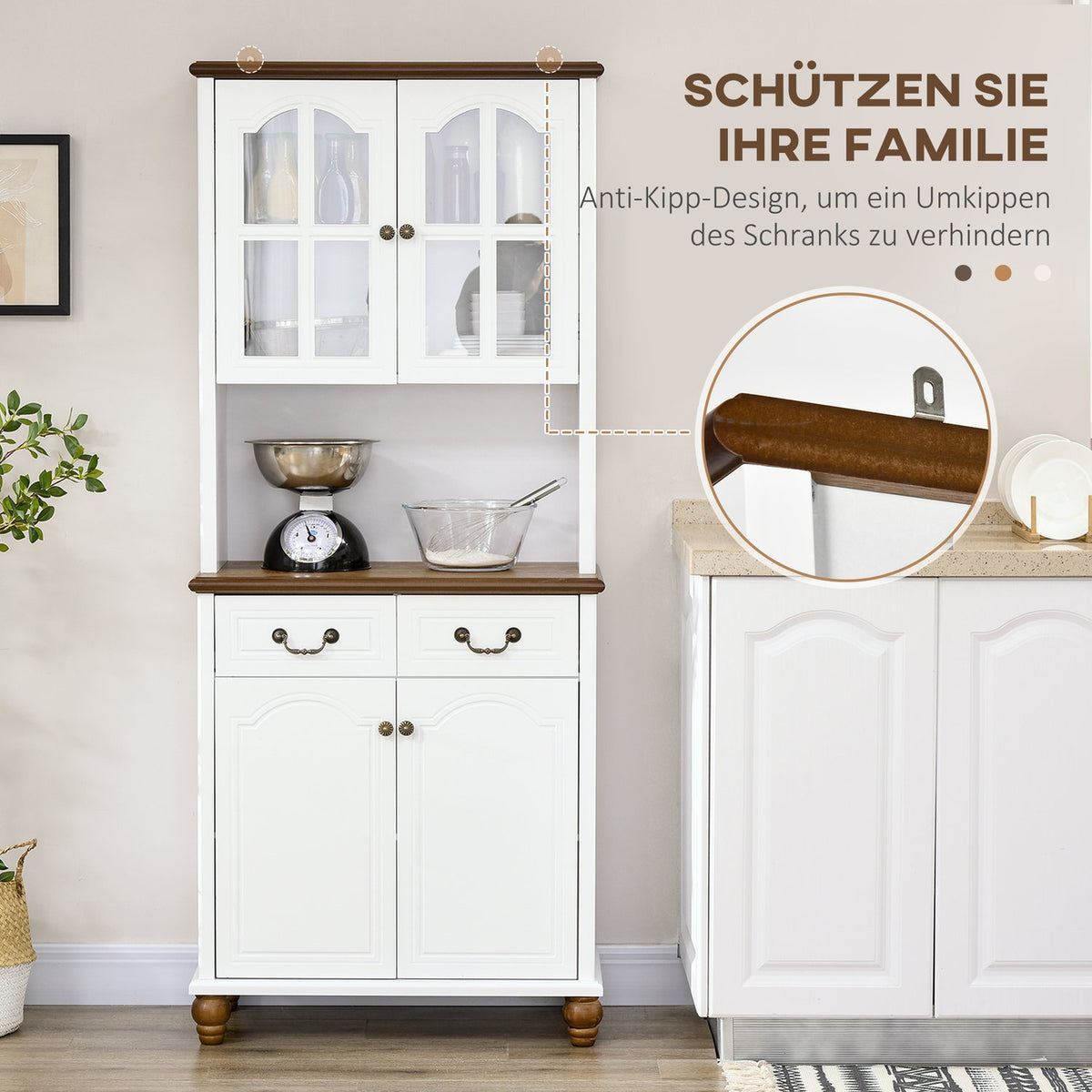Kitchen Cabinet, Kitchen Buffet With 2 Drawers, Tall Cabinet With Open Compartment, Display Cabinet With Soft-Close Function 76 X 38 X 182 Cm, White