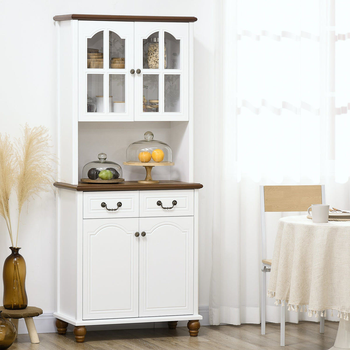 Kitchen Cabinet, Kitchen Buffet With 2 Drawers, Tall Cabinet With Open Compartment, Display Cabinet With Soft-Close Function 76 X 38 X 182 Cm, White