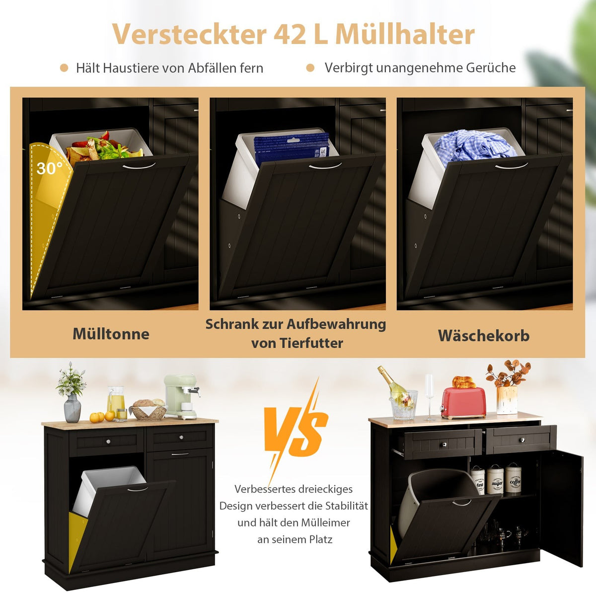 Kitchen Cabinet for 42L Trash Bin with Drawers & Shelf