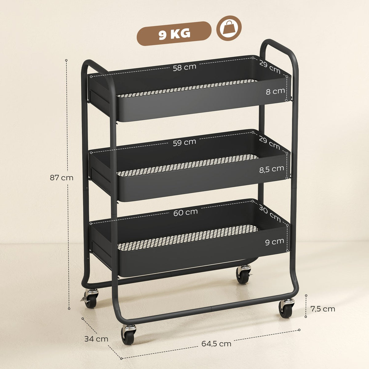 Kitchen Cart, 3 Baskets, 4 Wheels, Metal, Black