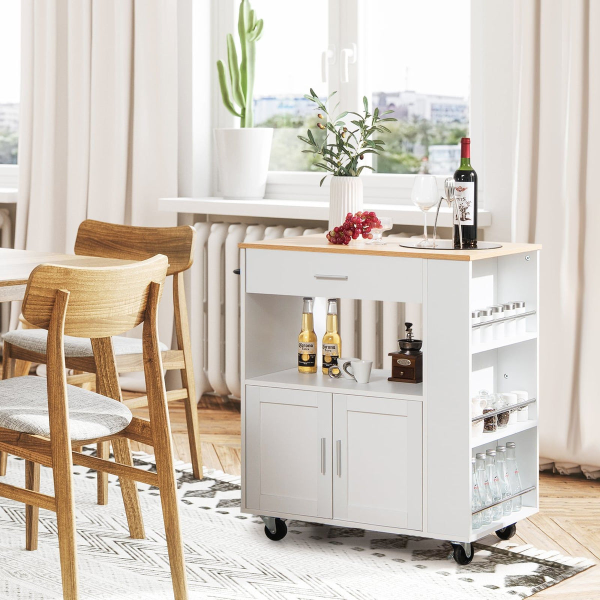 Kitchen Cart with Countertop, Drawer, Spice Racks, White