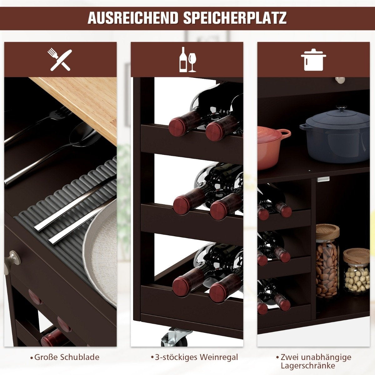 Kitchen Cart with Drawer, 3-Tier Wine Rack, Wood Top