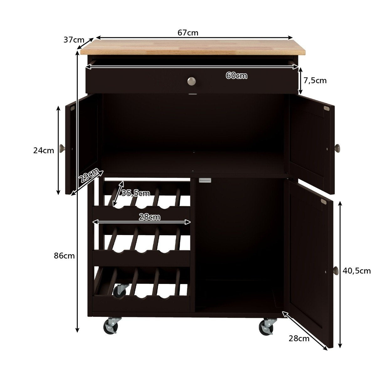 Kitchen Cart with Drawer, 3-Tier Wine Rack, Wood Top