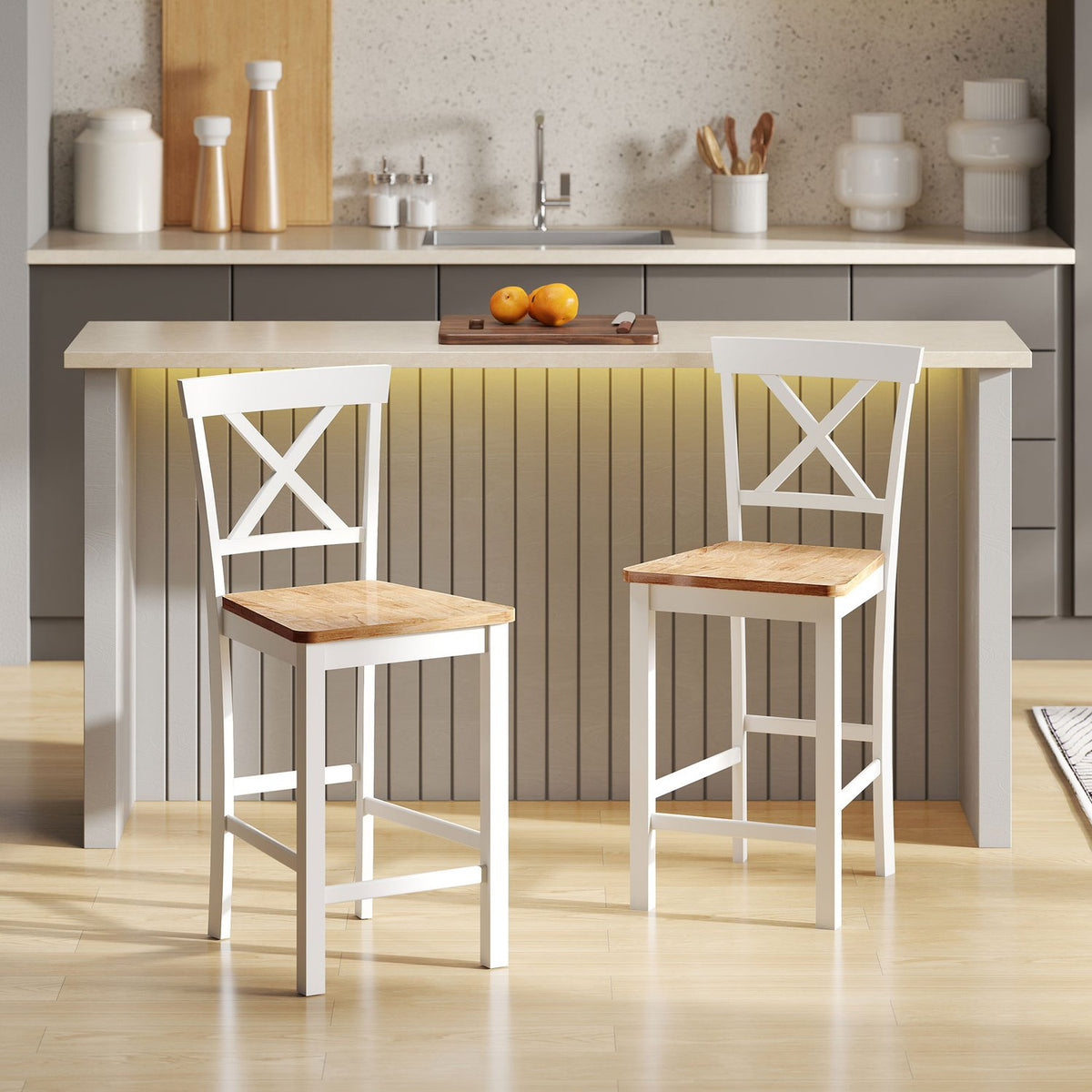 Kitchen Chairs Set of 2, Rubberwood, White Spindle Back