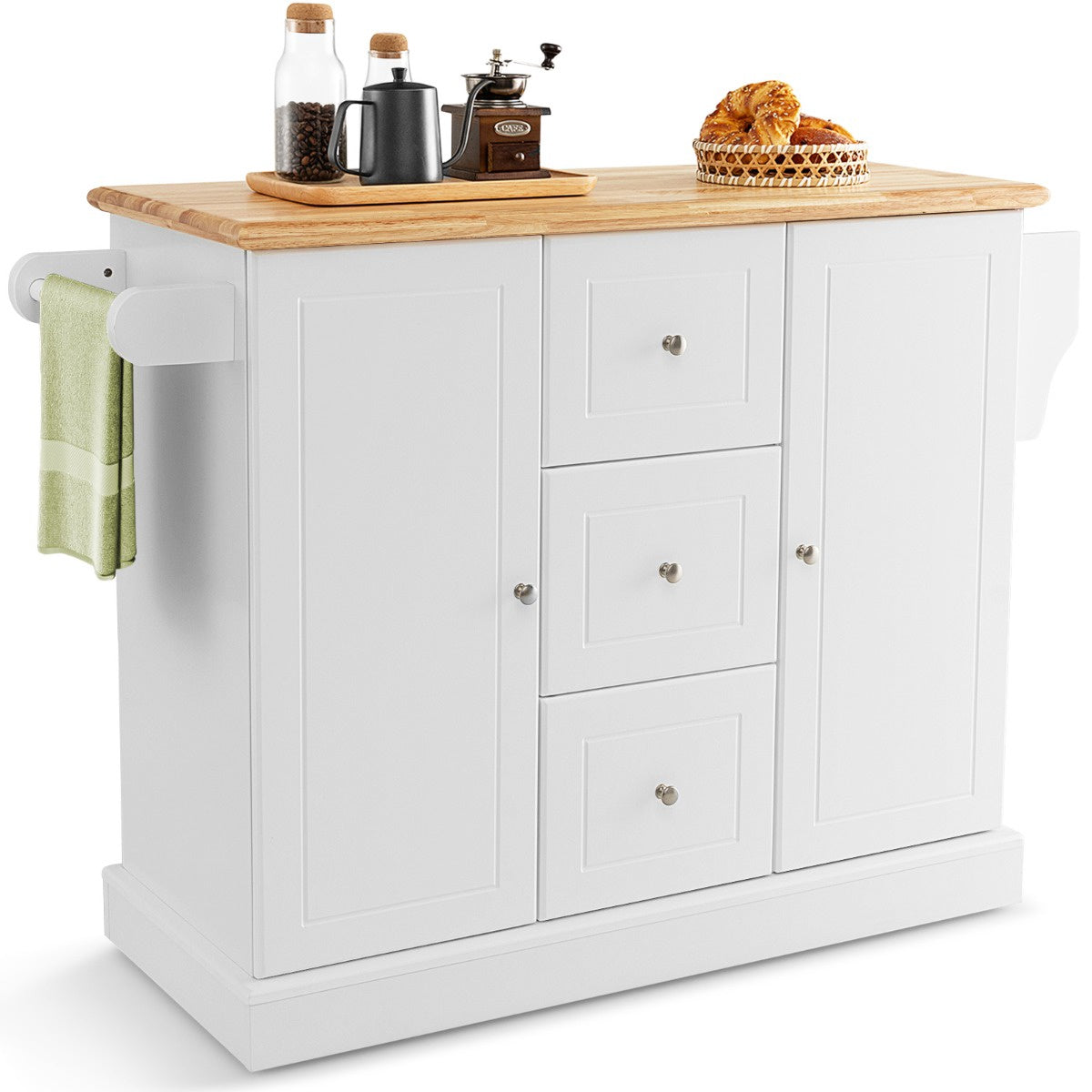 Kitchen Island Cart, 2-Door, 3-Drawer, White