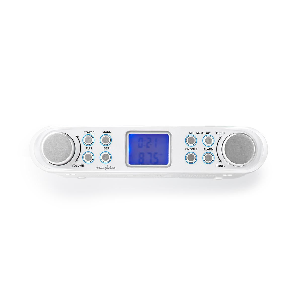 Kitchen Radio | Cabinet Design | FM | Power adapter | Digital | 1.5 W| 2" | Black Blue Screen | Alarm Clock | Silver / White