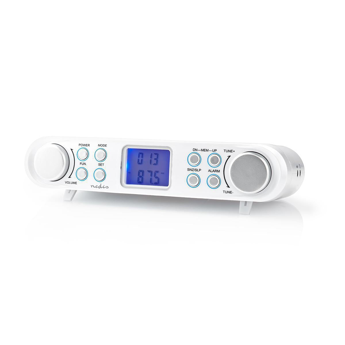 Kitchen Radio | Cabinet Design | FM | Power adapter | Digital | 1.5 W| 2" | Black Blue Screen | Alarm Clock | Silver / White