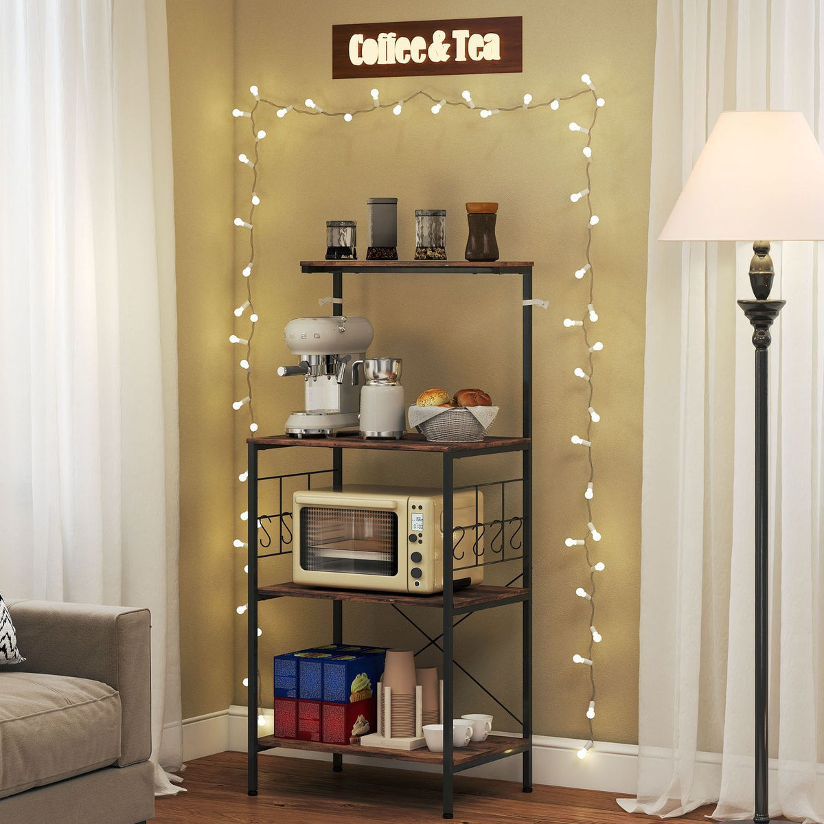 Kitchen Shelf, 4-Tier, Countertop, 8 Hooks, Metal, Brown/Black