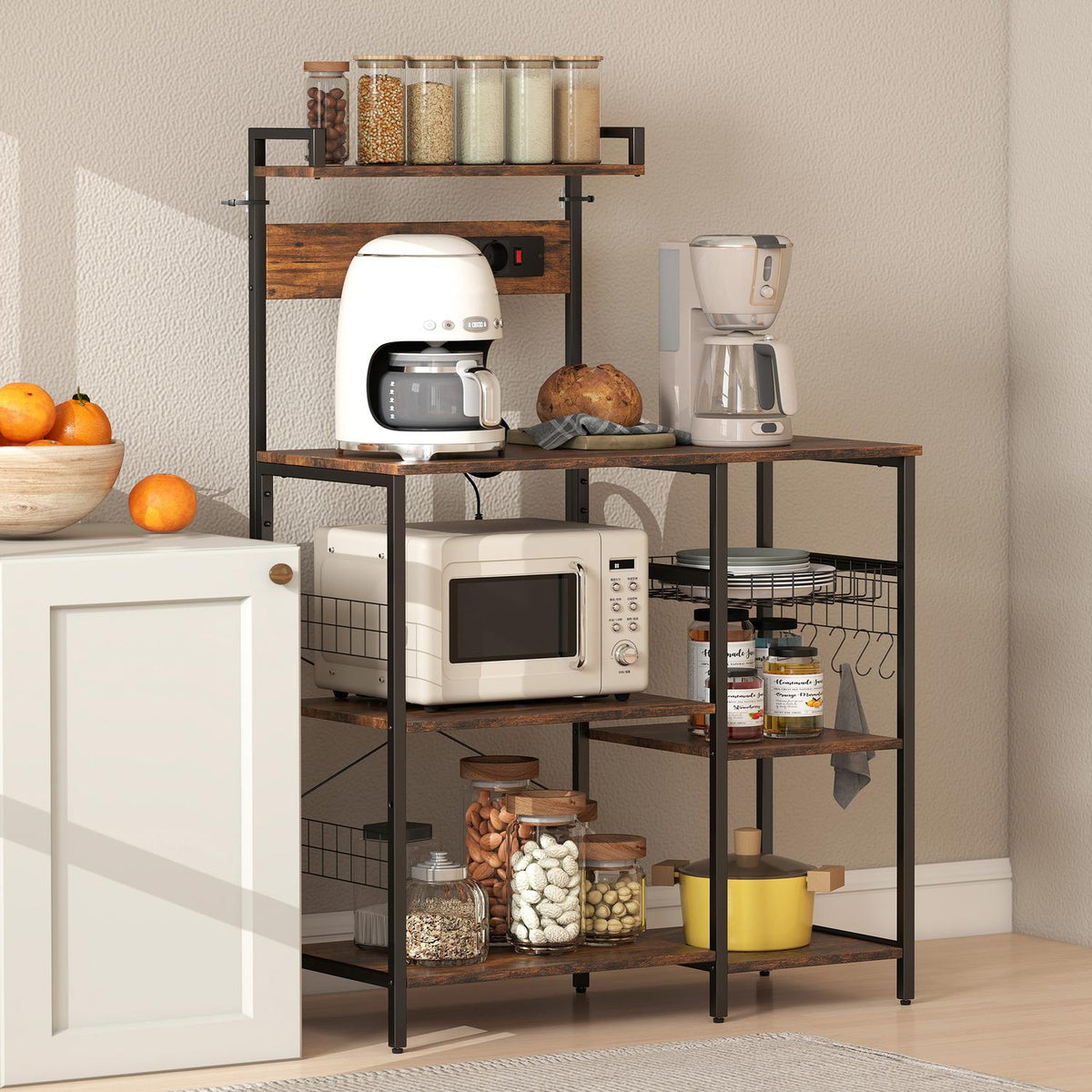 Kitchen Shelf with 2 Outlets, 5 Hooks, 5 Tiers, Steel