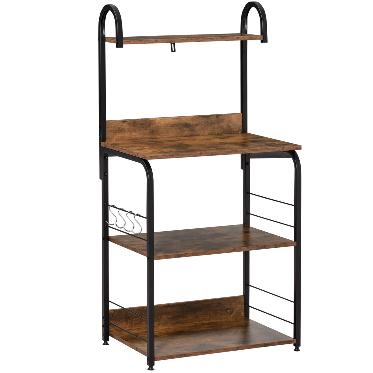 Kitchen Shelf with 3 Tiers & 4 Hooks, Rustic Brown, 60x40x125 cm