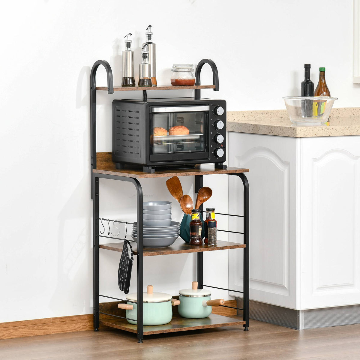 Kitchen Shelf with 3 Tiers & 4 Hooks, Rustic Brown, 60x40x125 cm