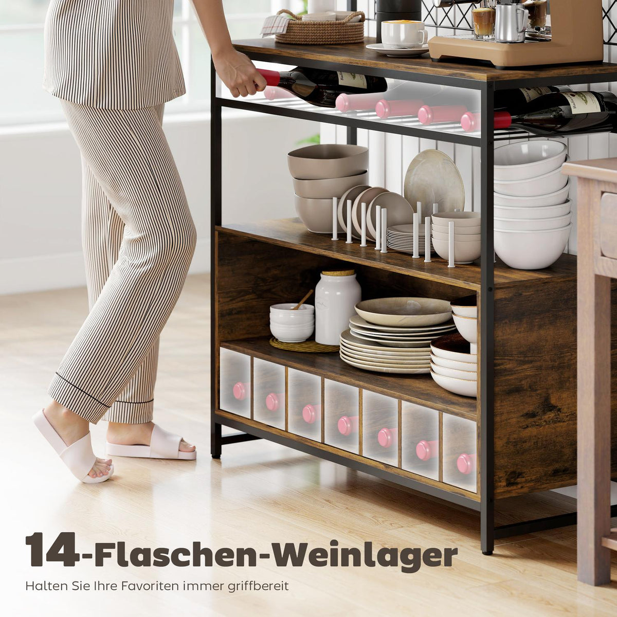Kitchen Shelf with Hooks and Wine Rack, Rustic Brown