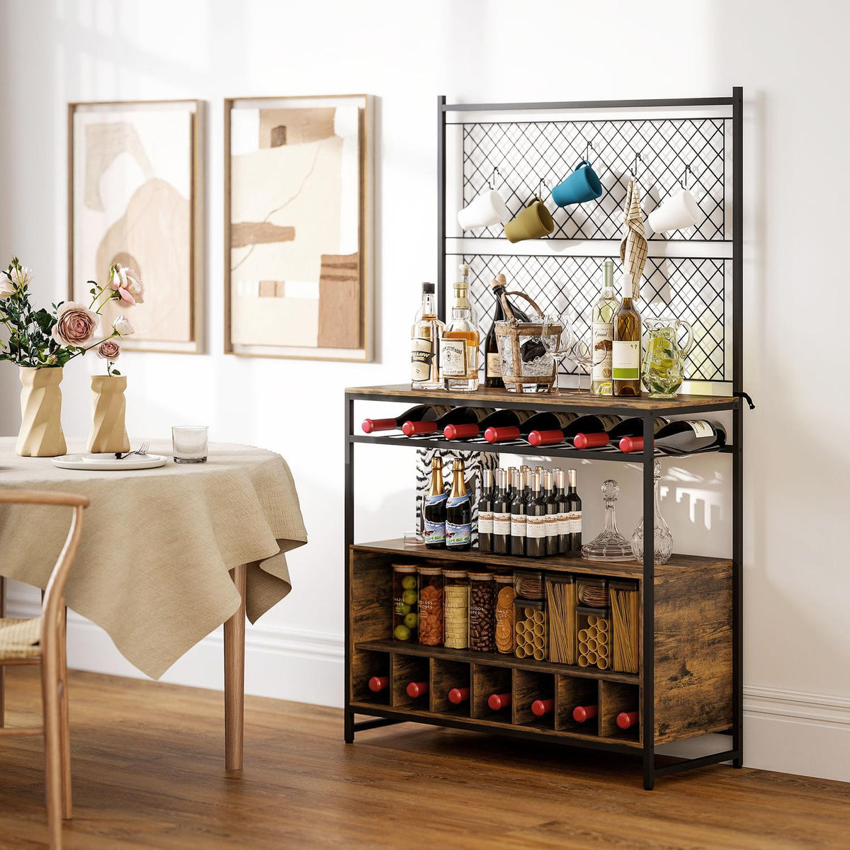 Kitchen Shelf with Hooks and Wine Rack, Rustic Brown