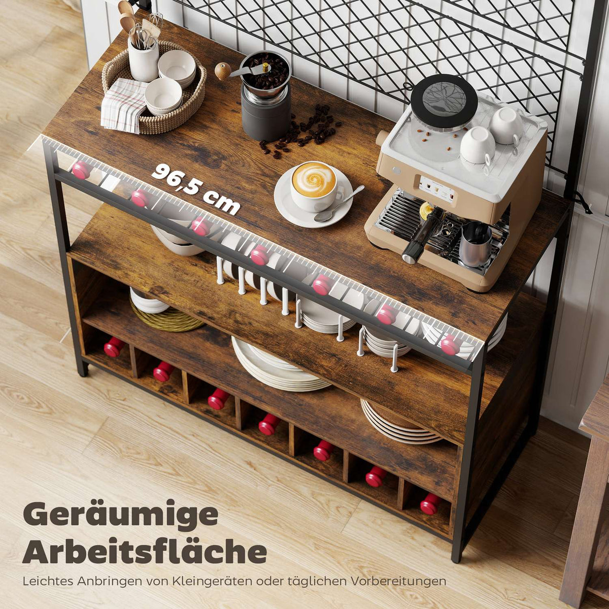 Kitchen Shelf with Hooks and Wine Rack, Rustic Brown