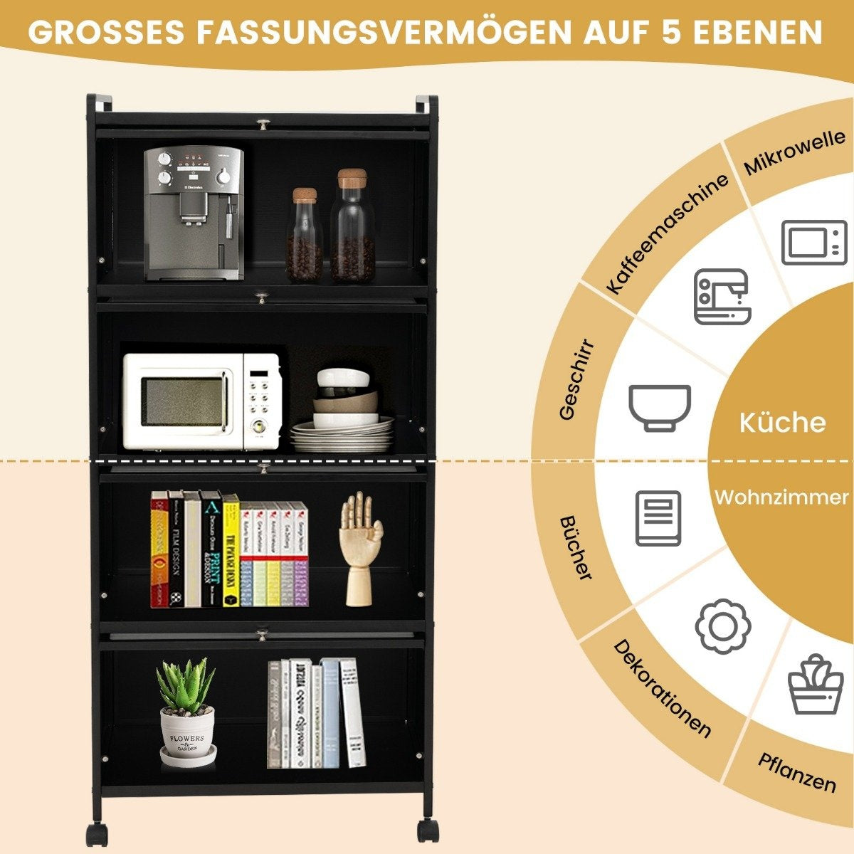 Kitchen Shelf with Wheels Mobile Microwave Stand with Hinged PC Doors 60 x 32 x 154 cm Black