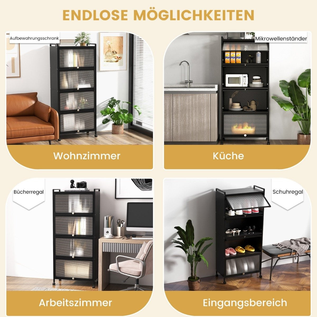 Kitchen Shelf with Wheels Mobile Microwave Stand with Hinged PC Doors 60 x 32 x 154 cm Black