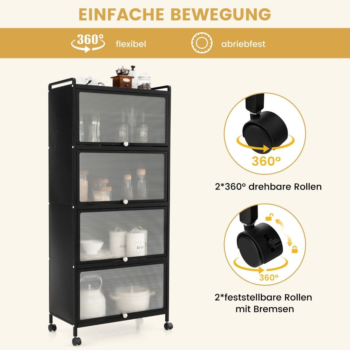 Kitchen Shelf with Wheels Mobile Microwave Stand with Hinged PC Doors 60 x 32 x 154 cm Black