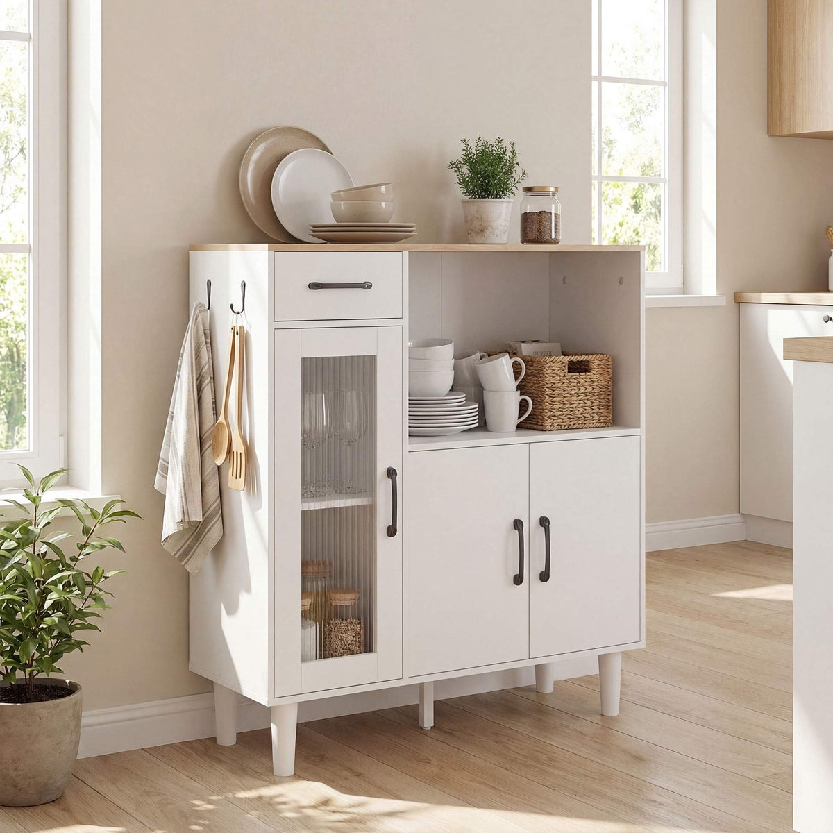 Kitchen Sideboard with Drawer, 2 Cabinets, Open Shelf