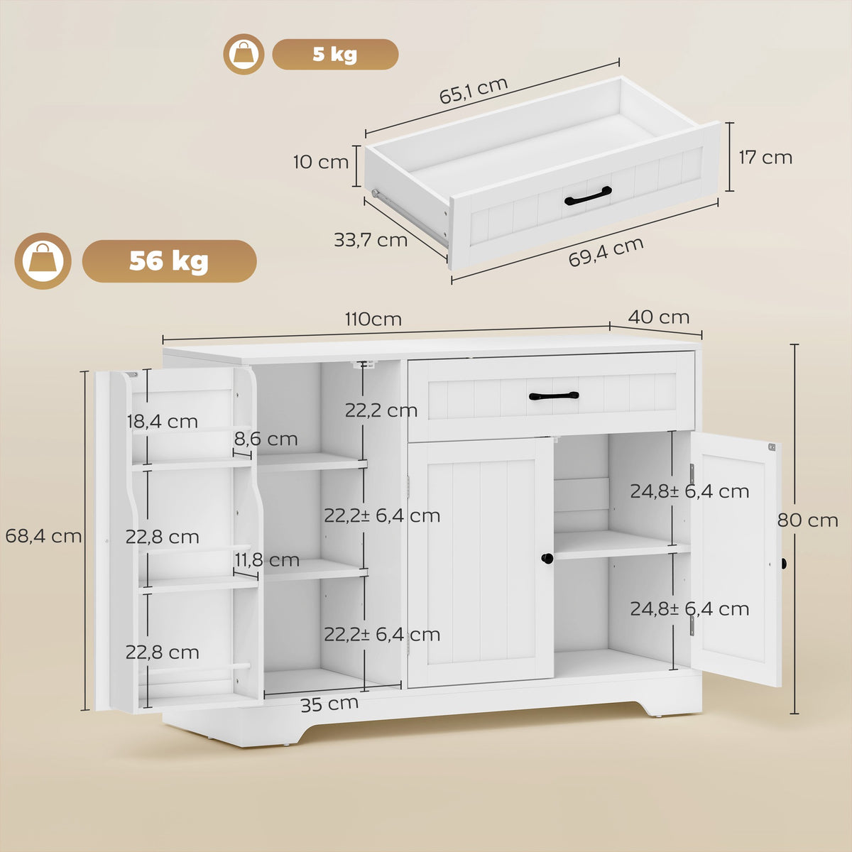 Kitchen Sideboard with Drawer and Adjustable Shelves, White