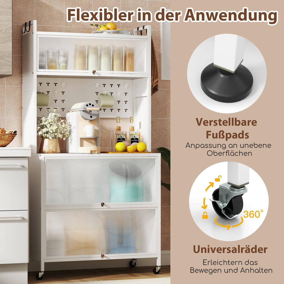 Kitchen Storage Cabinet with Wheels, Folding Doors, Hooks