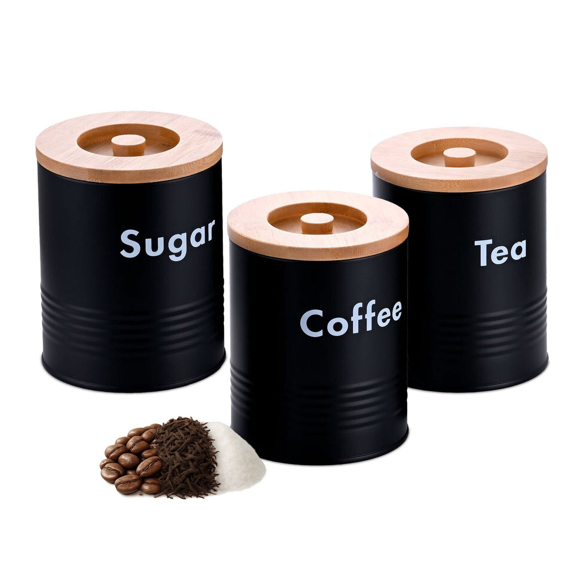 Kitchen Storage Canister Set – Metal, Bamboo Lids, 3-Piece