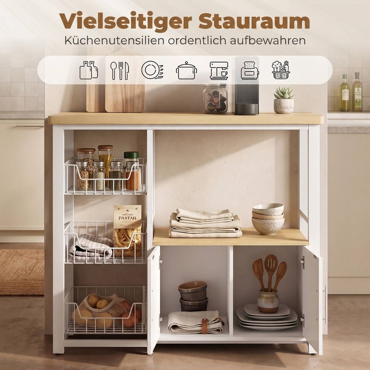 Kitchen Storage Rack with 3 Baskets, Cabinet, White, 100x35x80 cm