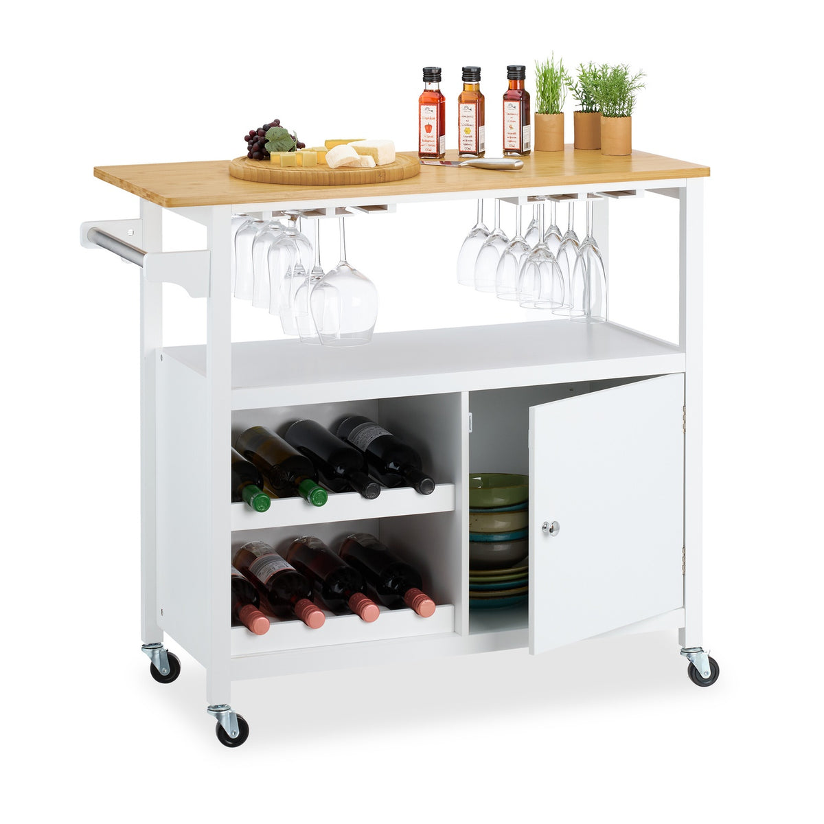 Kitchen Storage Trolley with Wine Rack and Glass Holder