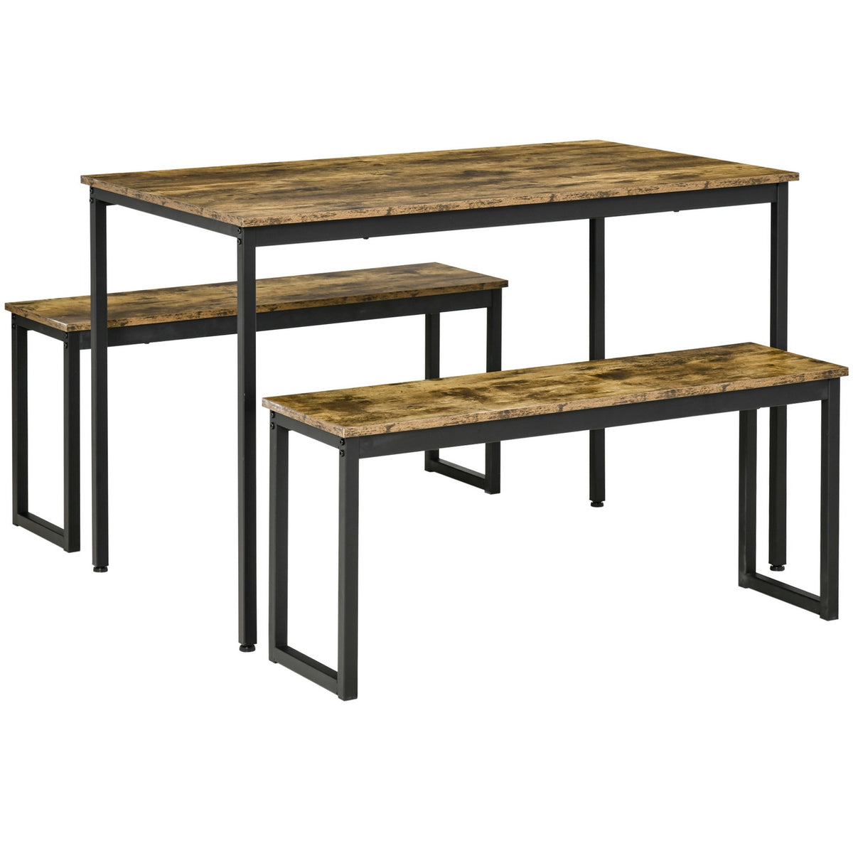 Kitchen Table Set Industrial Dining Table Set With 2 Benches, Dining Group For Living Room, Metal, Rustic Brown, 114X71X75Cm