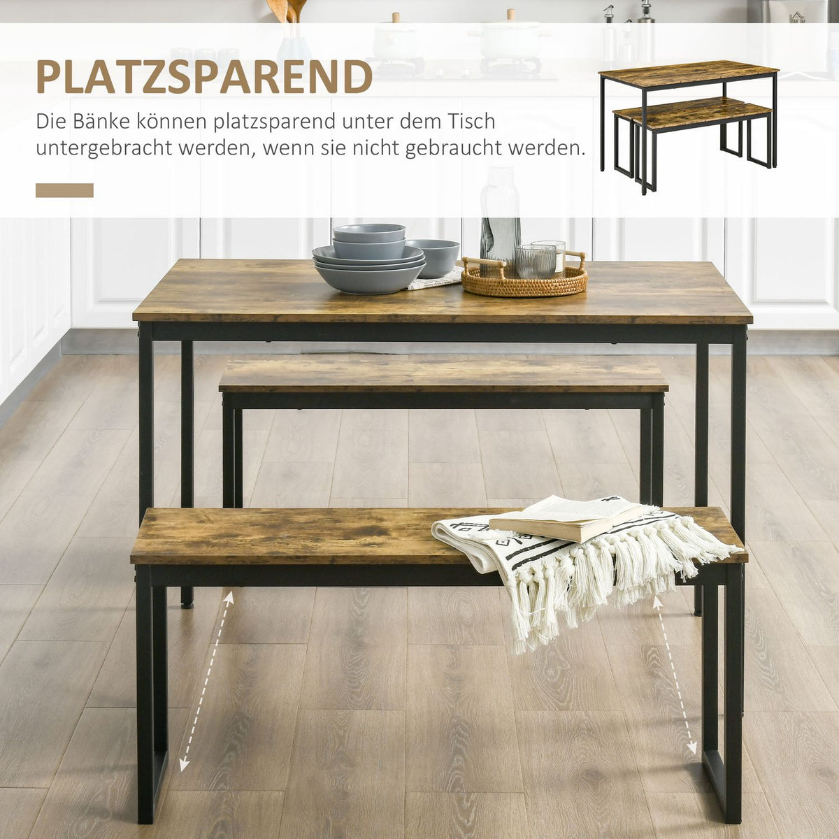 Kitchen Table Set Industrial Dining Table Set With 2 Benches, Dining Group For Living Room, Metal, Rustic Brown, 114X71X75Cm