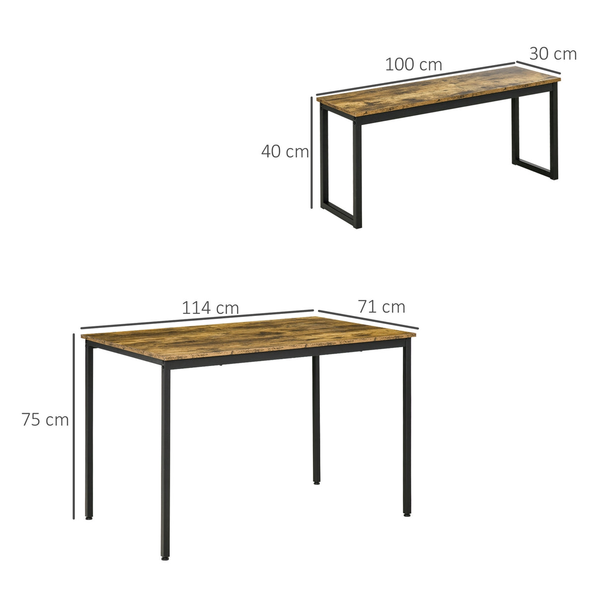 Kitchen Table Set Industrial Dining Table Set With 2 Benches, Dining Group For Living Room, Metal, Rustic Brown, 114X71X75Cm