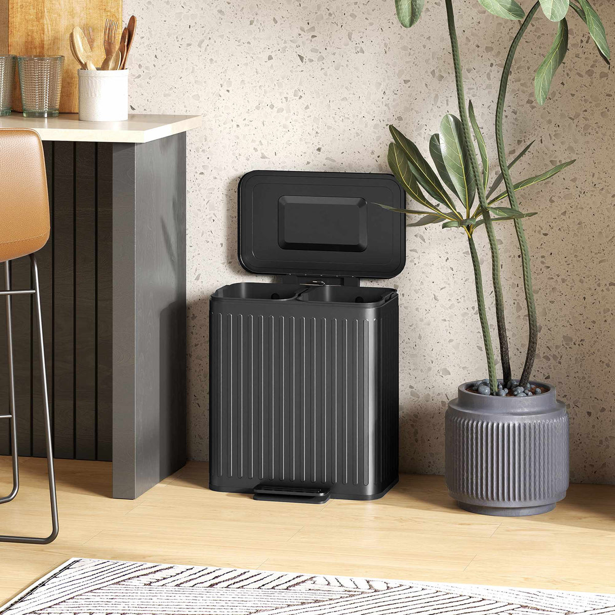 Kitchen Trash Can, 40L Dual Compartment, Pedal-Operated