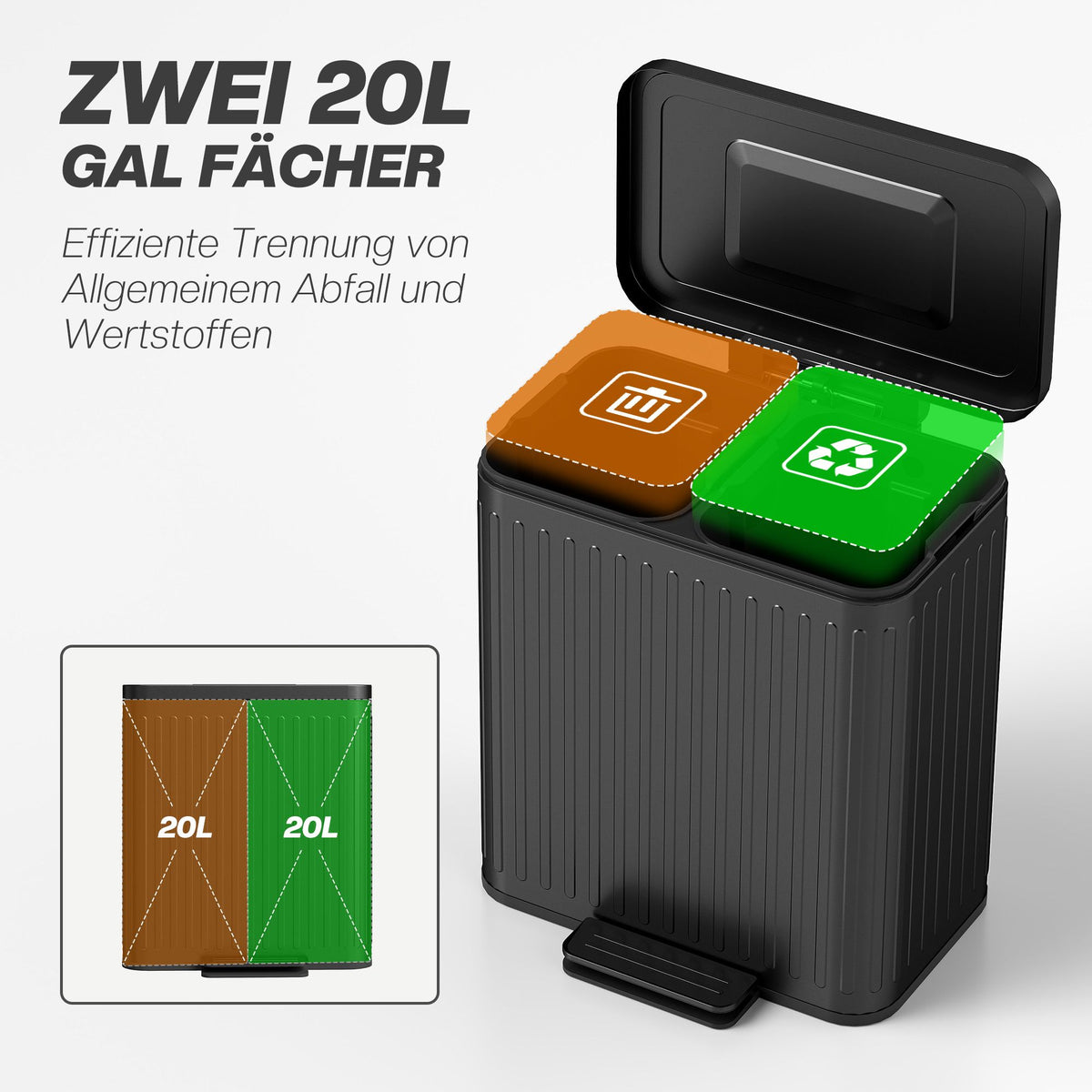 Kitchen Trash Can, 40L Dual Compartment, Pedal-Operated